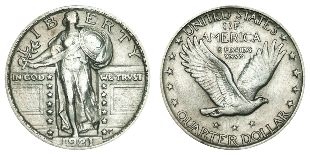 1921 Standing Liberty Quarter obverse and reverse showing Liberty with shield and eagle design