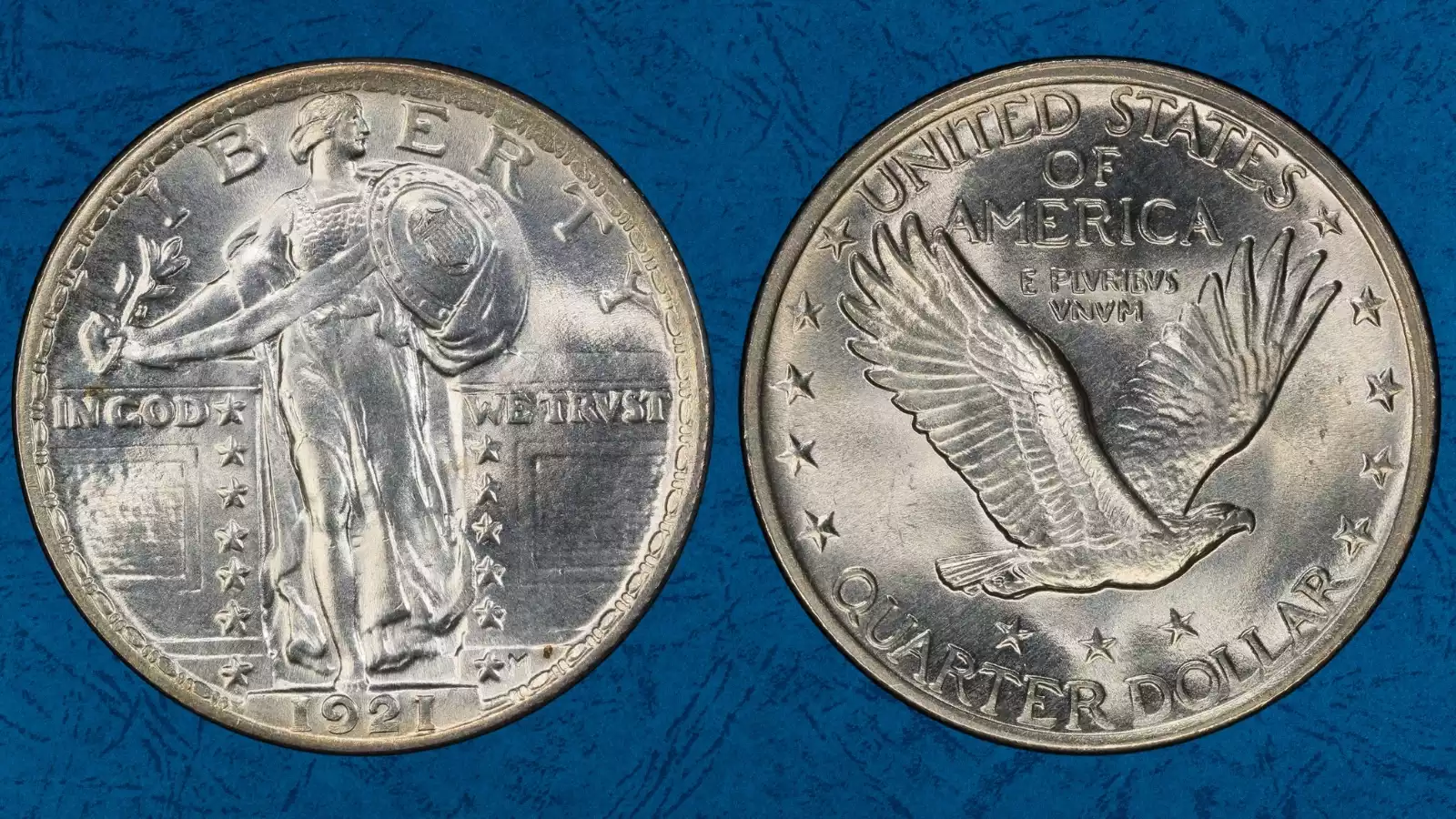 1921 Standing Liberty Quarter comparison: weak strike helmet (left) vs Full Head with three distinct leaves and ear hole (right)
