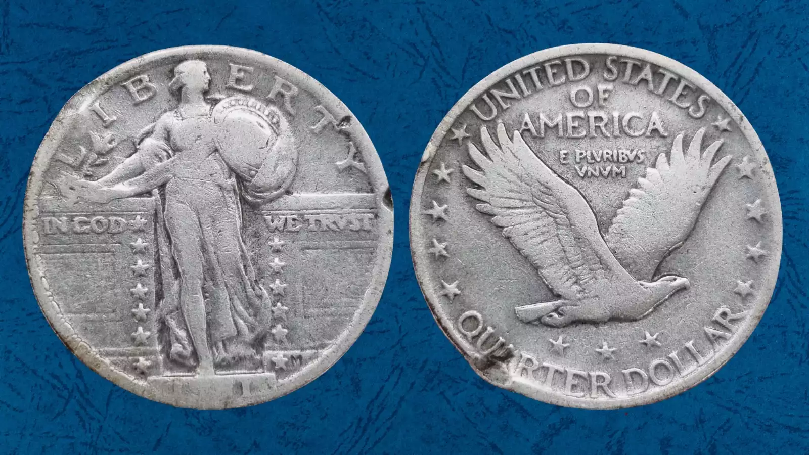 1921 Standing Liberty Quarter rim cud error showing raised smooth blob at coin edge replacing design detail