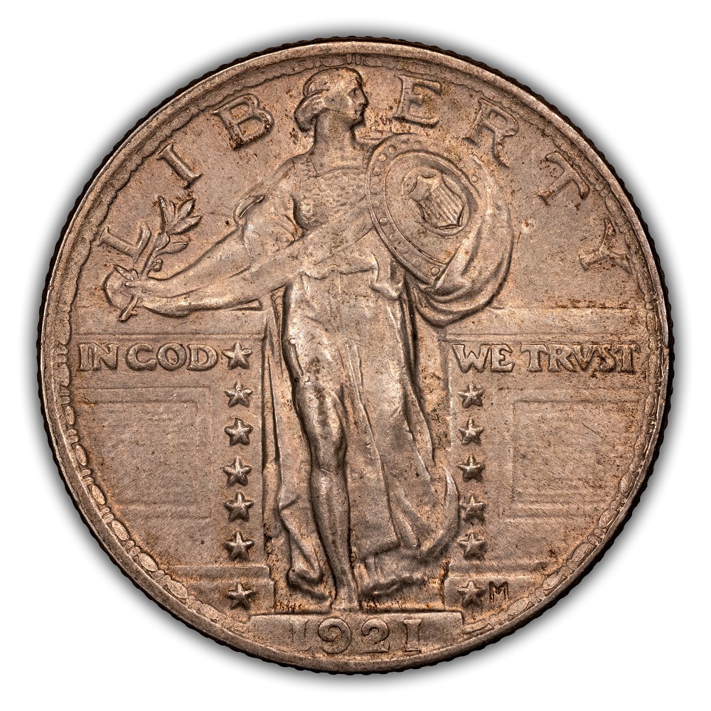1921 Standing Liberty Quarter lamination error showing silver surface layer peeling away to reveal underlying metal