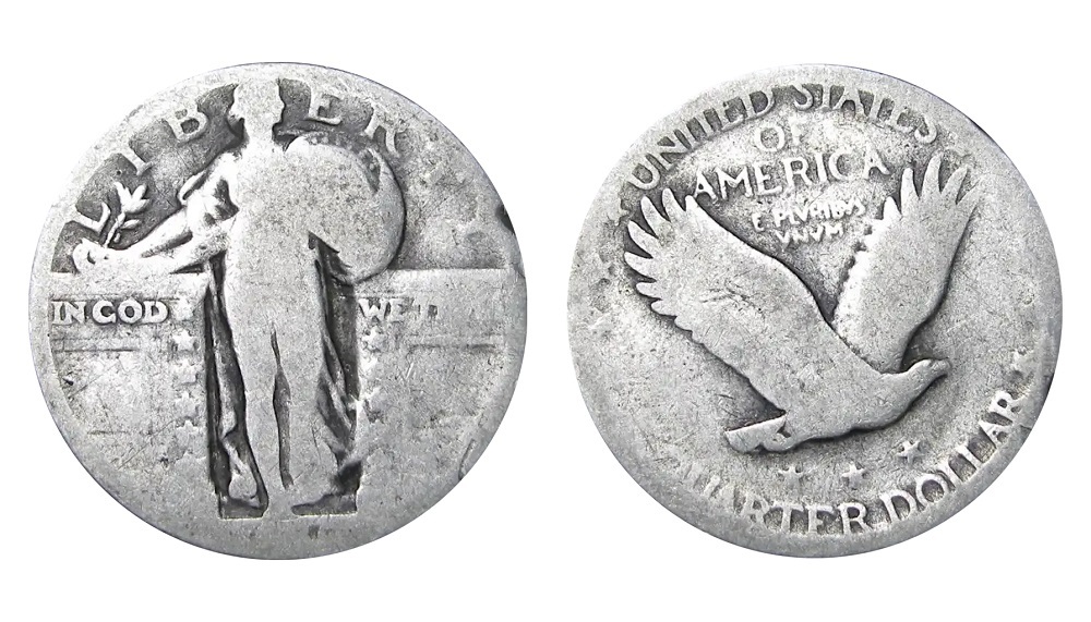 1921 Standing Liberty Quarter grading strip showing four condition tiers: Good, Fine, Extremely Fine, and Mint State